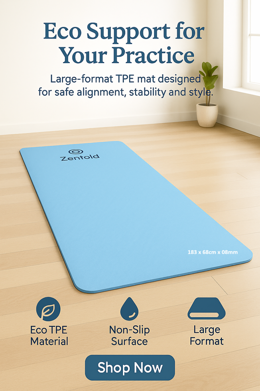 Blue Zentfold TPE mat on a wooden floor with text highlighting features and a 'Shop Now' button.